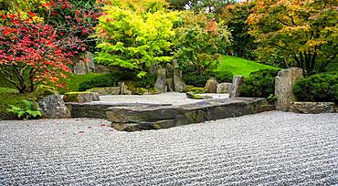 Japanese garden with gravel bed and stone formation, Berlin, Germany, Europe