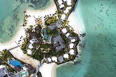 Aerial view, bay near Grand Port, Hotel Shangri-la le Touessrok, ile Chat, il aux Cerfs, Flacq, Mauritius, Africa