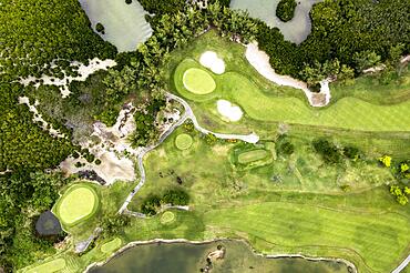 Aerial view, bay near Grand Port, il aux Cerfs with golf course, Flacq, Mauritius, Africa