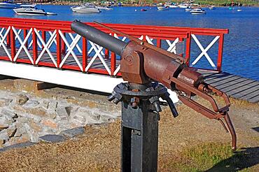 Old whaling harpoon in front of a jetty, Disko Island, Qeqertarsuaq, Arctic, Greenland, Denmark, North America