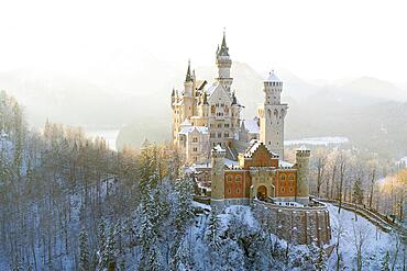 Neuschwanstein Castle, near Fuessen, winter, Ostallgaeu, Allgaeu, Bavaria, Germany, Europe