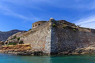 The sea fortress built in the 16th century on the island of Spinalonga in the Mediterranean Sea, Crete, Greece, Europe