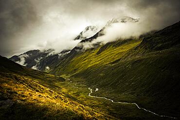 Mountain landscape in fog with dramatic clouds, Sellrain, Innsbruck, Tyrol, Austria, Europe