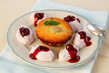 Swabian baking, Kirschenmichel fine variant, dough cake with cherries and cream on a plate, silver coffee spoon, Germany, Europe