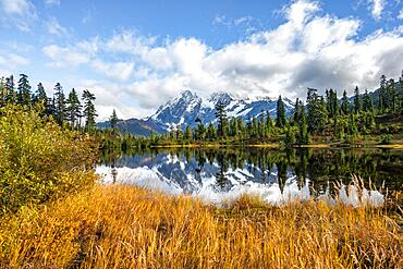 Mt. Shuksan glacier with snow reflecting in Picture Lake, forested mountain landscape in autumn, Mt. Baker-Snoqualmie National Forest, Washington, USA, North America