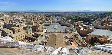 View from the dome of the Basilica of San Pietro or St Peter's Basilica onto St Peter's Square and Via della Conciliazione, Vatican City State, Vatican, Rome, Lazio, Italy, Europe