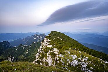 Striking rock face, view from the summit of the Benediktenwand at sunset, Bavarian Pre-Alps, Bavaria, Germany, Europe