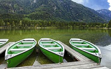 Empty rowing boats at Hintersee, Ramsau bei Berchtesgaden, Bavaria, Germany, Europe