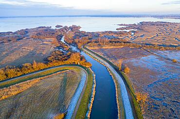 Aerial view of the Hunte in the Ochsenmoor at Duemmer in winter, Huede, Lower Saxony, Germany, Europe