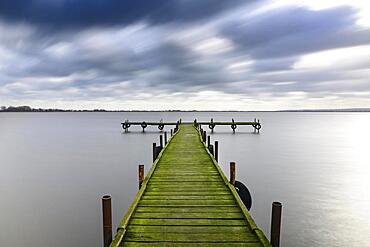 Jetty in Olgahafen on Lake Duemmer, jetty, weather, clouds, expanse, storm, long exposure, Duemmerlohhausen, Lower Saxony, Germany, Europe