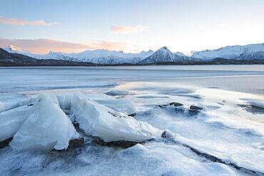 Frozen Fjord, Vatnfjorden, Nordpollen, Vagan, Lofoten, Norway, Europe