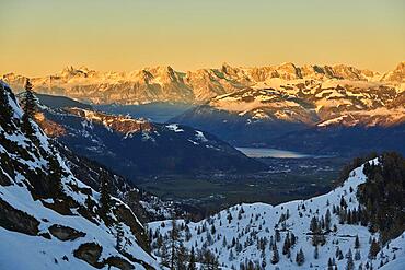 View from Mount Kitzsteinhorn on snow covered mountains down to Zell am See, Pinzgau, Salzburg, Austria, Europe