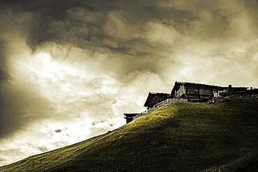 Old farms on mountain meadow with dramatic light, Ulten Valley, Merano, South Tyrol, Italy, Europe