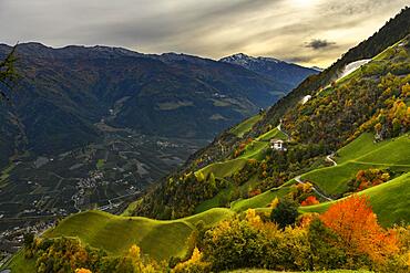 Mountain farm in autumnal alpine meadow landscape, Naturns, South Tyrol, Italy, Europe