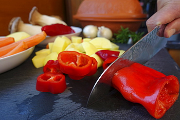 Southern German cuisine, preparing vegetables from the Roman pot, cutting vegetables, red peppers, carrots, diced potatoes, onions, knife, cutting board, man's hand, n, Germany, Europe