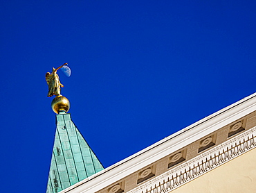 Protestant town church, tower with peace angel and crescent moon, Weinbrennerkirche, Karlsruhe, Baden-Wuerttemberg, Germany, Europe