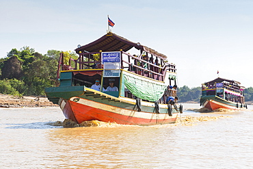 Excursion boats at Kompong Phluk pile village, Siem Reap district, Cambodia, Asia