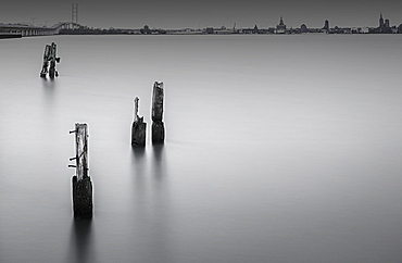 Long exposure in front of the Strelasund crossing at the Ruegen Bridge and the Ruegen Dam, Ruegen, Mecklenburg-Western Pomerania, Germany, Europe