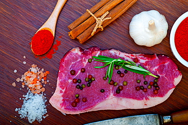 Raw uncooked ribeye beef steak butcher selection