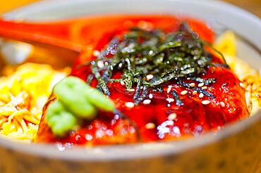 Traditional Japanese ramen noodles with unagi eel on top