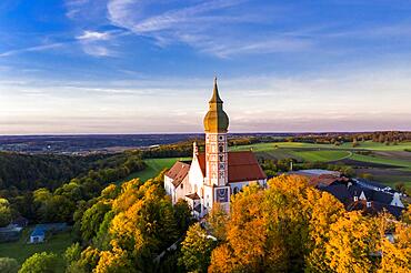 Kloster Andechs, aerial view at sunset, Lake Ammer, Fuenfseenland, Pfaffenwinkel, Upper Bavaria, Bavaria, Germany, Europe