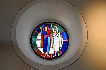 Modern church window with two figures, St. Martin, Gallus and Magnus parish church, Wangen im Allgaeu, Baden-Wuerttemberg, Germany, North America