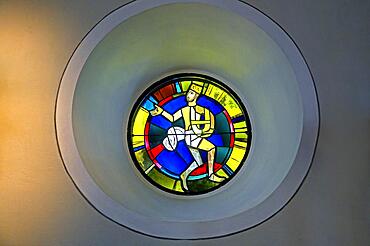 Modern church window with a figure, St. Martin, Gallus and Magnus parish church, Wangen im Allgaeu, Baden-Wuerttemberg, Germany, North America