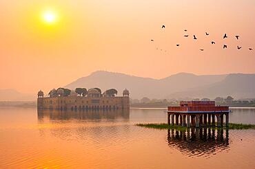 Tranquil morning at famous indian tourist landmark Jal Mahal (Water Palace) at sunrise in Jaipur, Ducks and birds around enjoy the serene morning, Jaipur, Rajasthan, India, Asia