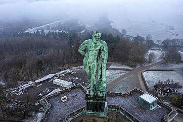 Drone photo, drone shot, close-up, monumental building Herkules, with central view of the statue, winter, snowy, fog, Bergpark Bad Wilhelmshoehe, Kassel, Hesse, Germany, Europe