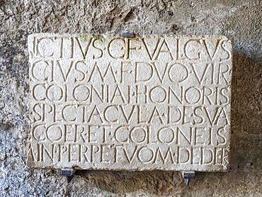 Roman inscription at the entrance to the amphitheatre, ancient city of Pompeii, Campania, Italy, Europe