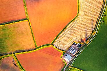 Top Down over Fields and Farmlands over English Village, Devon, England, United Kingdom, Europe