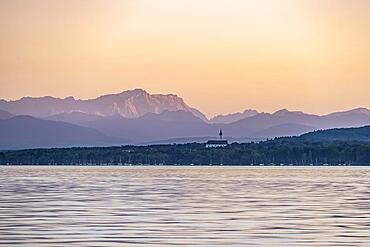 Evening mood, view of Alpine foothills, mountains, St. Josef Monastery, Lake Ammer, Upper Bavaria, Germany, Europe