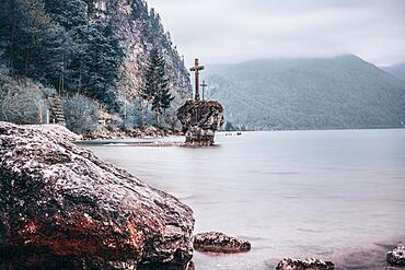 Cross stone, boulder, limestone, Stankt Gilgen, Mondsee, Upper Austria