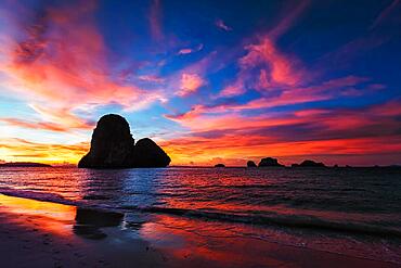 Tropical holidays sunset beach. Pranang beach. Railay, Krabi Province Thailand