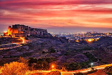 Famous indian tourist landmark Mehrangarh fort in twilight. Jodhpur, Rajasthan, India, Asia