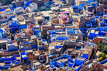 Aerial view of Jodhpur, also known as Blue City due to the vivid blue-painted Brahmin houses around Mehrangarh Fort. Jodphur, Rajasthan