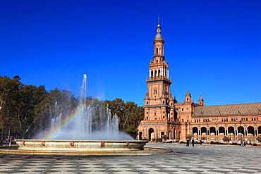 City of Seville, at the Plaza de Espana, the Spanish Square, partial view, the North Tower, Torre Norte and fountain, Andalusia, Spain, Europe