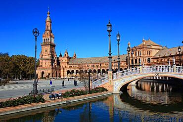 City of Seville, at Plaza de Espana, the Spanish Square, partial view and the North Tower, Torre Norte, Andalucia, Spain, Europe