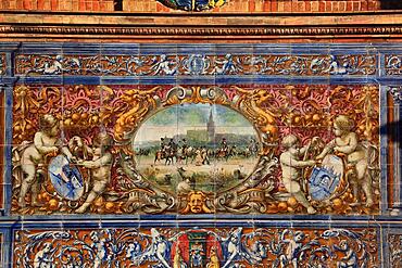 City of Seville, at the Plaza de Espana, ornaments made of tiles, details of the ornamentation presenting the 48 provinces of Spain, maps of the provinces, mosaics of historical events, Andalusia, Spain, Europe