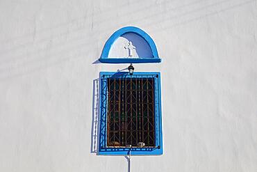 Church of Agios Haralambos, detail, blue bordered window, lantern, white wall, Adamantas, Milos Island, Cyclades, Greece, Europe