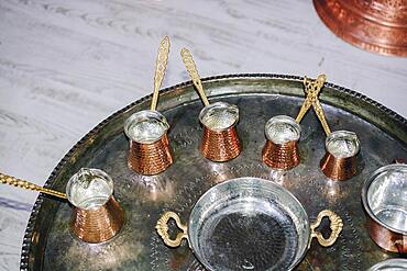 Turkish coffee pots made of metal in a traditional style