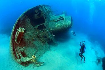 Divers photograph wreck Elviscot, Mediterranean Sea, Pomonte, Elba, Tuscany, Italy, Europe