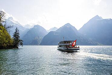 Course boat, Sisikon, Lake Lucerne, Canton Uri, Switzerland, Europe