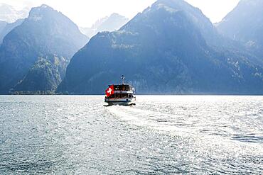 Course boat, Sisikon, Lake Lucerne, Canton Uri, Switzerland, Europe