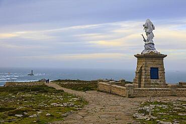 Statue of Notre-Dame des naufrages (Mother of God of the castaways) at the Pointe du Raz Beg ar Raz, rocky cape, end of Cap Sizun in the west of the commune of Plogoff, department of Finistere Penn ar Bed, region of Brittany Breizh, France, Europe