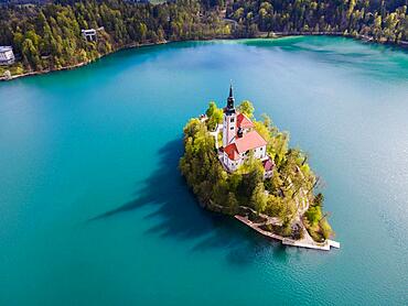 Drone shot, Bled Island with St. Mary's Church, Lake Bled, Lake Veldes, Blejsko jezero, Bled, Veldes, Feldes, Upper Carniola Region, Gorenjska, Slovenia, Balkans, Europe