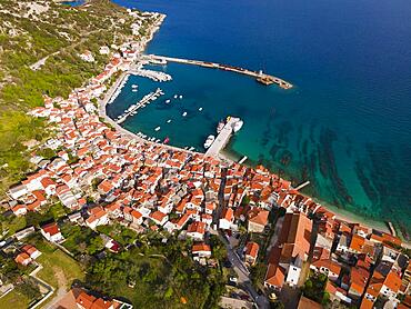 Drone shot, harbour and Baska, island of Krk, Kvarner Gulf Bay, Primorje-Gorski kotar, Croatia, Europe