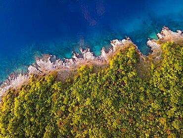 Drone shot, coast near Glavotok, Krk Island, Kvarner Gulf Bay, Primorje-Gorski kotar, Croatia, Europe