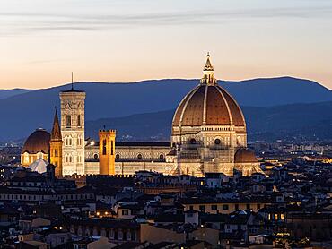 View from Piazzale Michelangelo, Cathedral and Cathedral Santa Maria del Fiore, night view, Florence, Tuscany, Italy, Europe