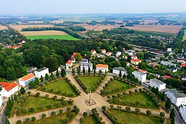 Aerial panorama over Putbus showing the Circus with Obelisk, Ruegen, Mecklenburg-Western Pomerania, Germany, Europe